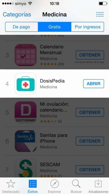 La farmacopea DosisPedia Top 4 App Store en categoría Medicina